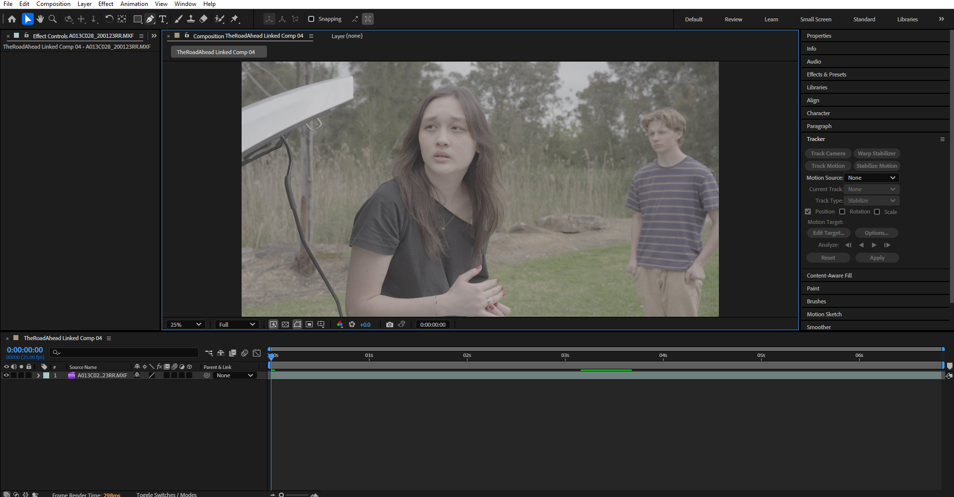 After Effects compositing and stabilisation workspace
